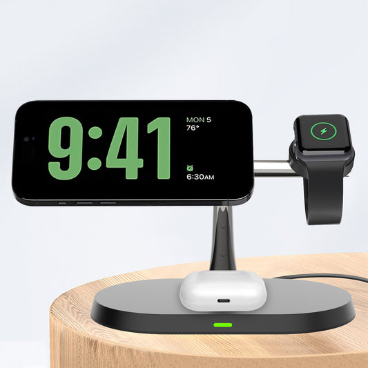 3-i-1 Trådløs Hurtiglader 15W for Mobil, Klokke og Airpods